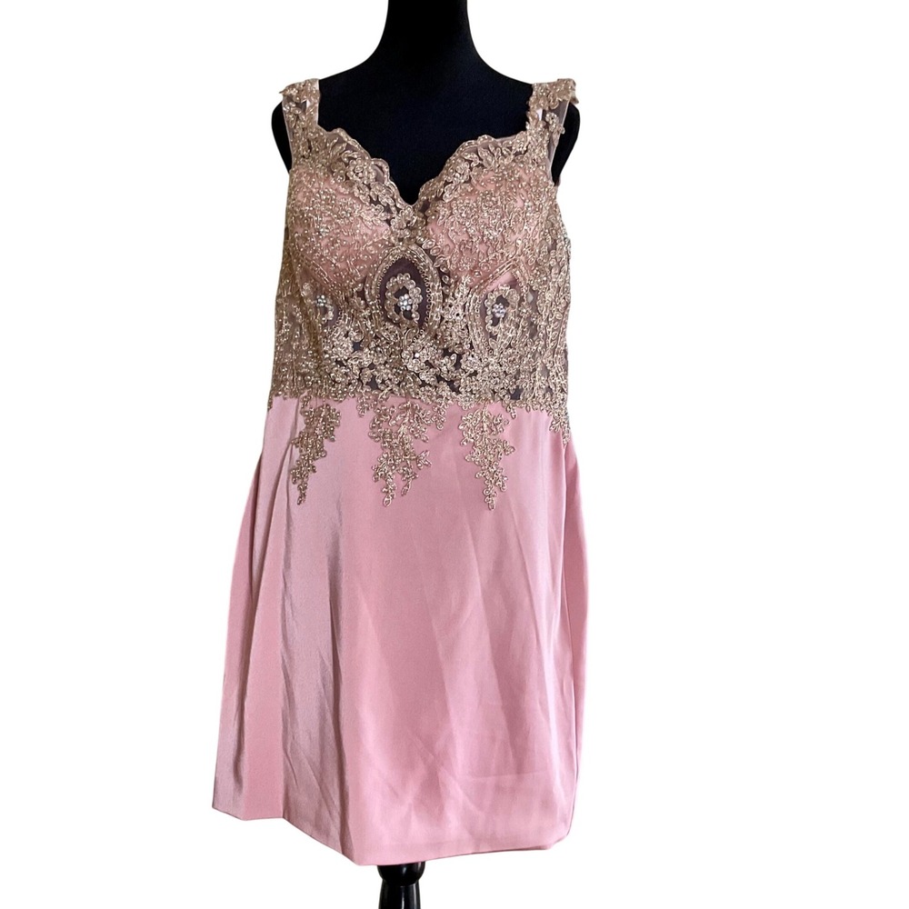 New Dancing Queen Pink Gold Lace Rhinestone Cocktail Dress XXL Prom Homecoming - Picture 4 of 16